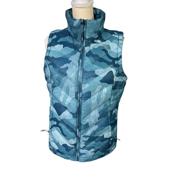 The North Face Womens 550 Fill Alpz Blue Camo Goose Down Vest Size Medium - Picture 1 of 14